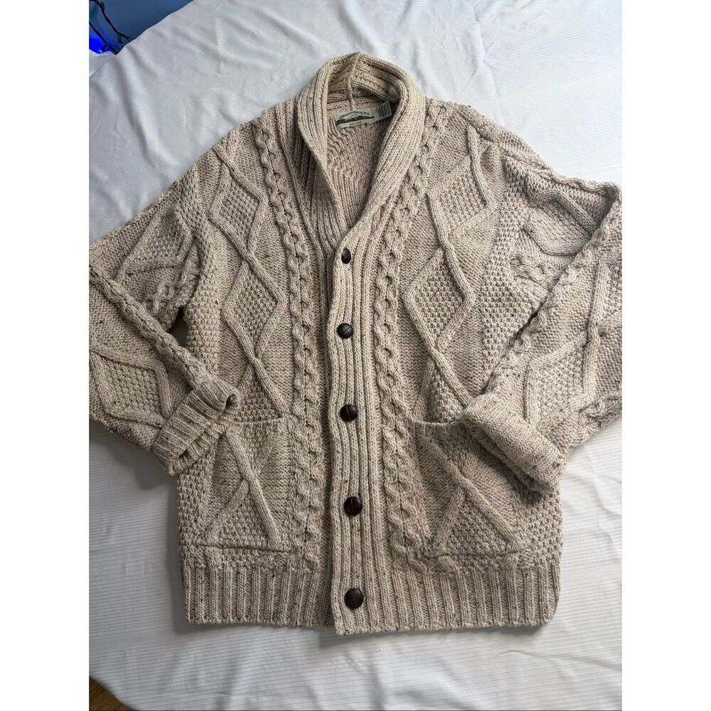 Aran Crafts Ireland Mens Oatmeal Merino Wool Fisherman Sweater Cardigan Sz Large